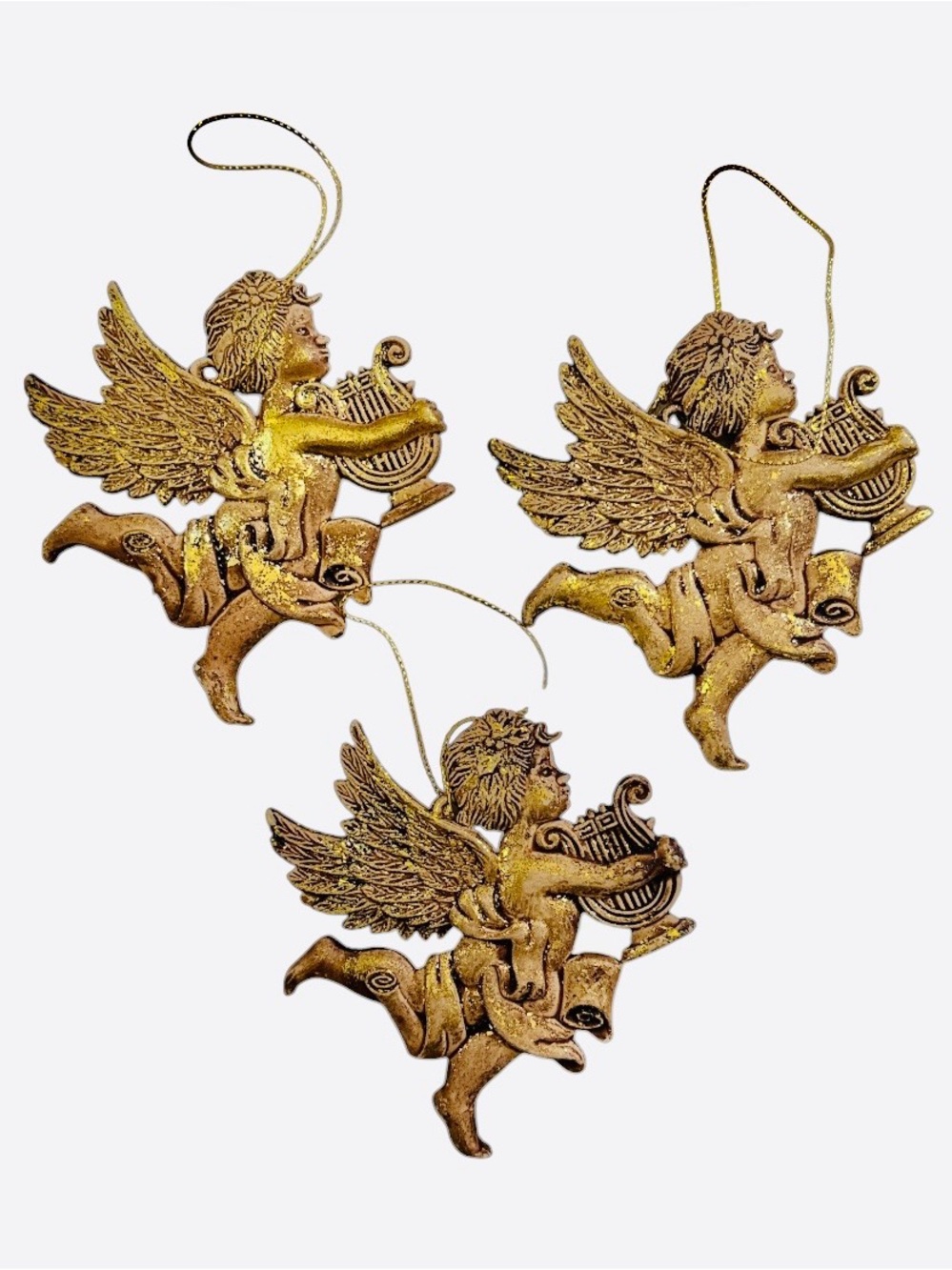 CHRISTMAS➕SET OF 3: Vintage Gold Glitter Cherubs With Harps  Ornaments